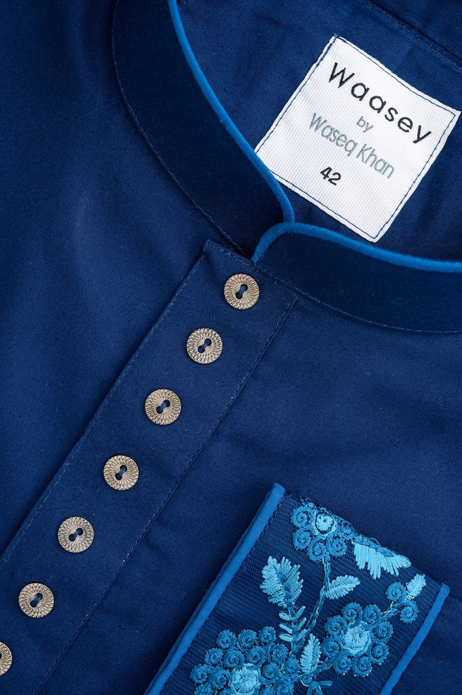 Deep Navy Panjabi with Turquoise Embroidery